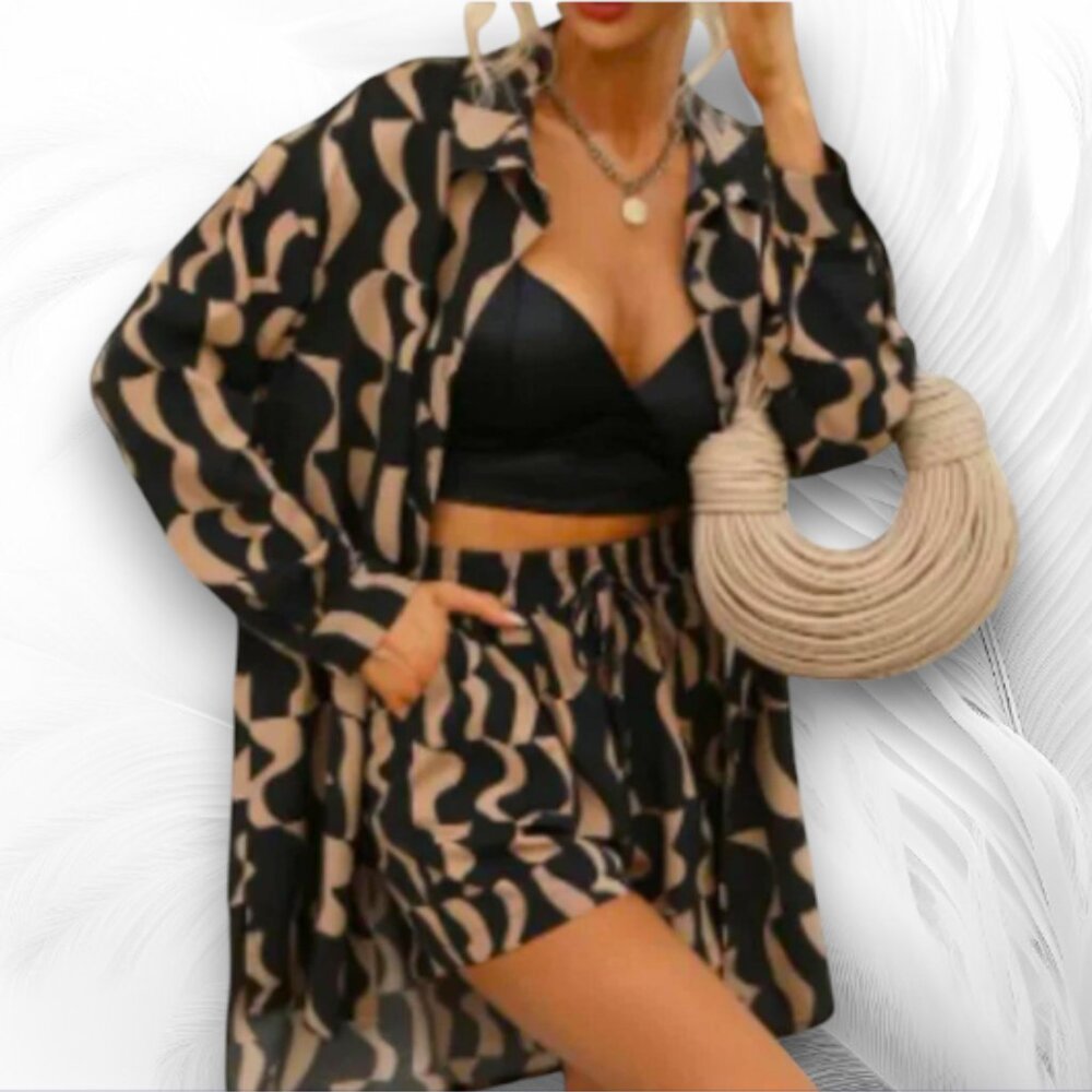 Women's Two-Piece Set Black Beige Abstract Print Shirt and Shorts
